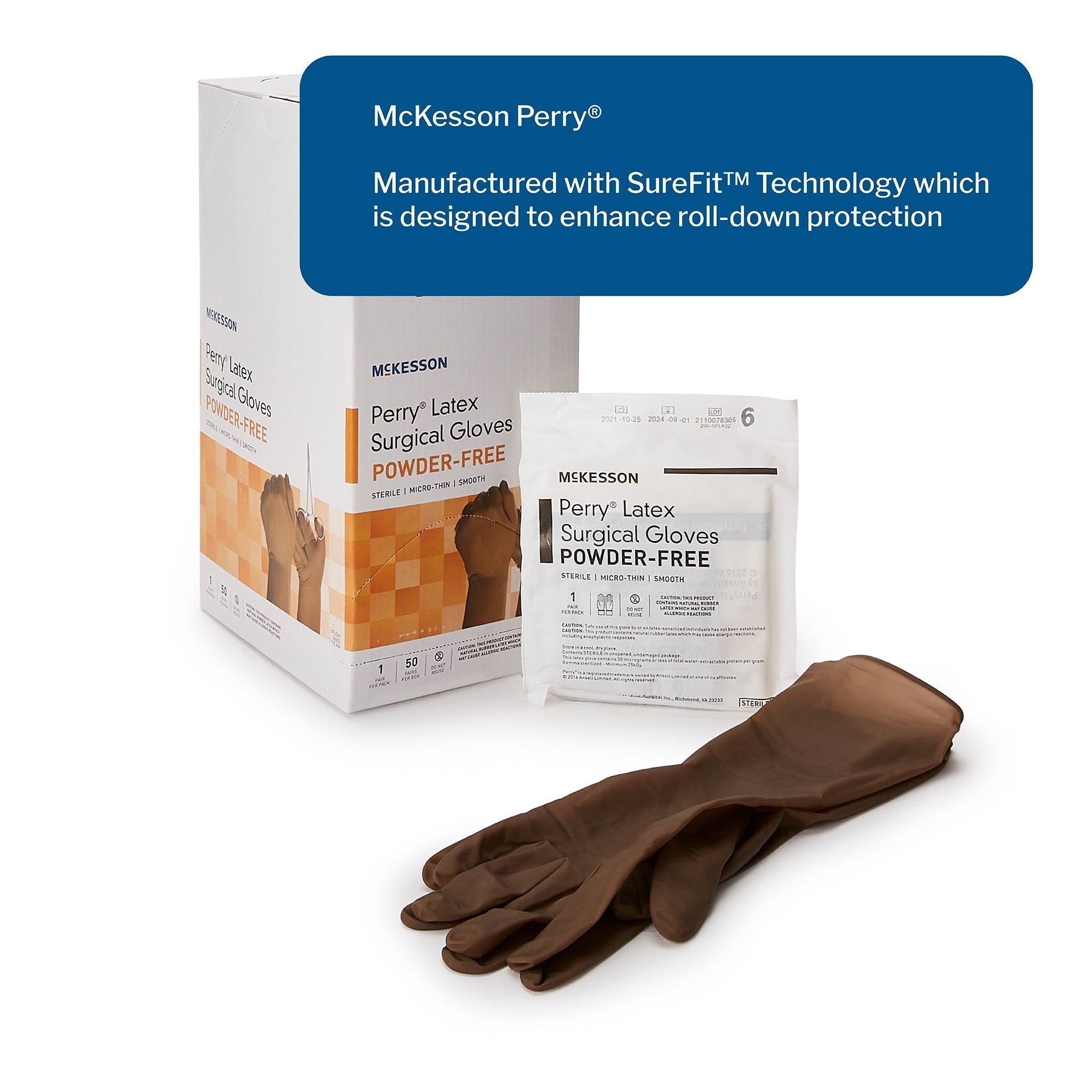surgical glove mckesson perry size 6 sterile latex standard cuff length smooth brown not chemo approved packaging type box