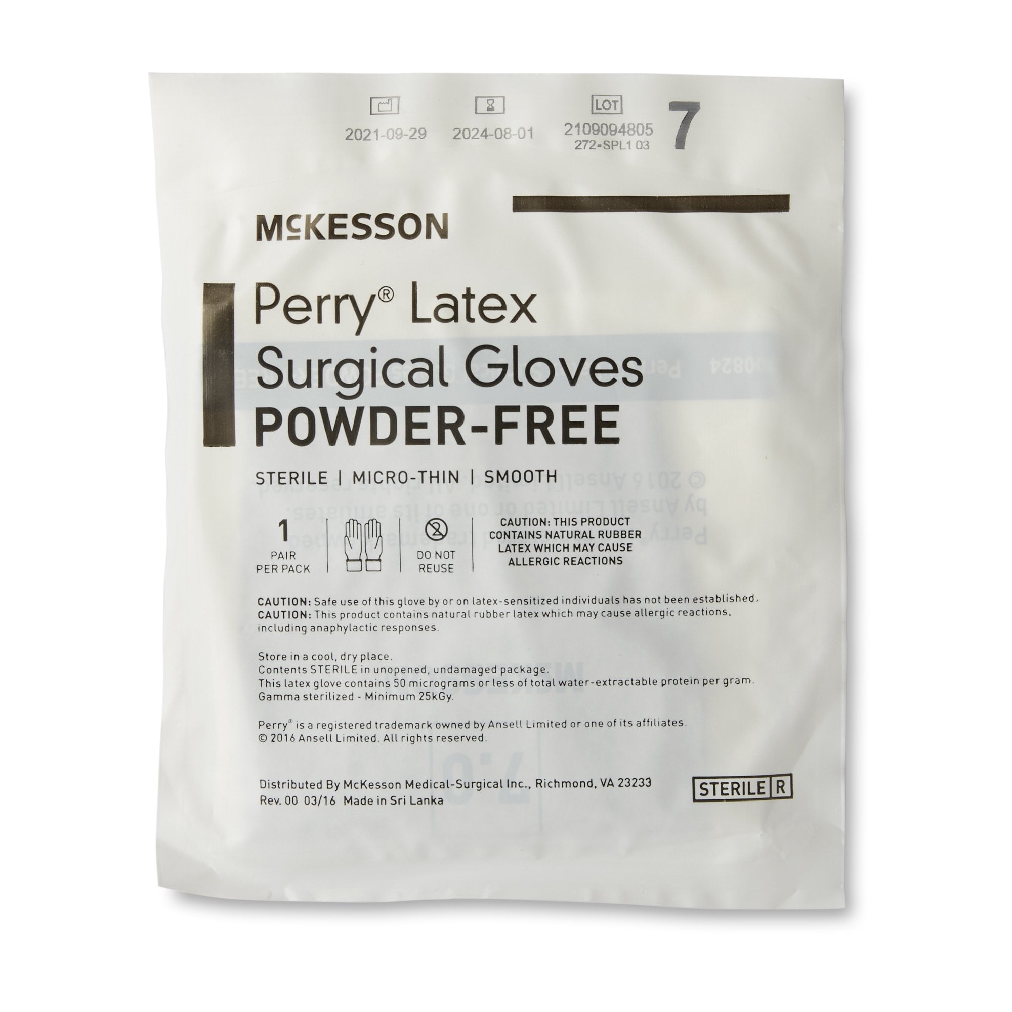 surgical glove mckesson perry size 7 sterile latex standard cuff length smooth brown not chemo approved packaging type box