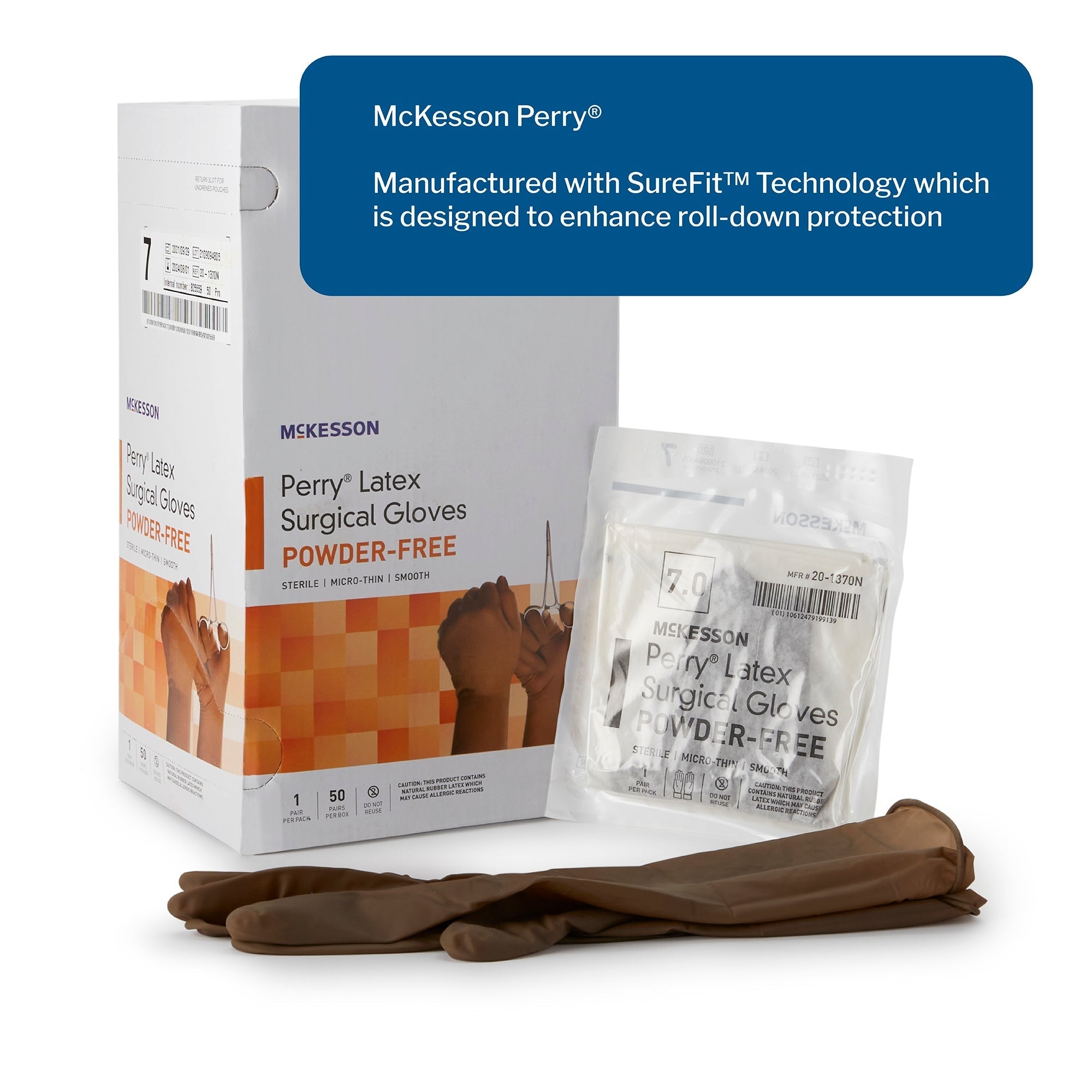 surgical glove mckesson perry size 7 sterile latex standard cuff length smooth brown not chemo approved packaging type box