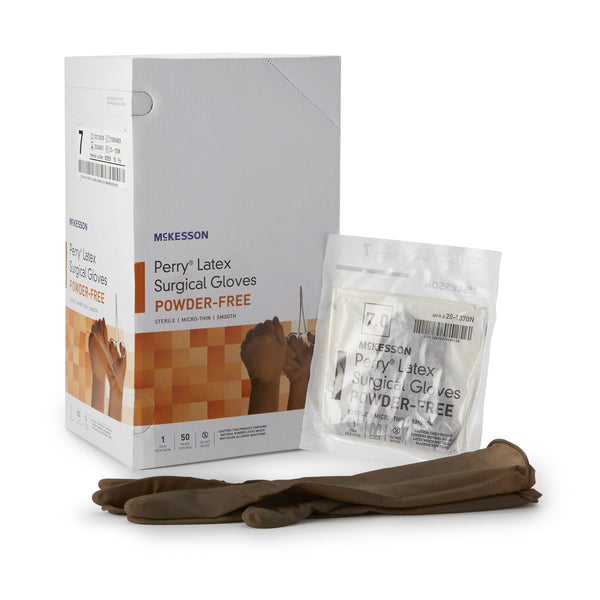 Surgical Glove McKesson Perry Size 7 Sterile Latex Standard Cuff Length Smooth Brown Not Chemo Approved