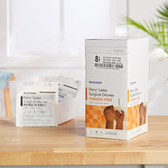 surgical glove mckesson perry size 8 5 sterile latex standard cuff length smooth brown not chemo approved packaging type box