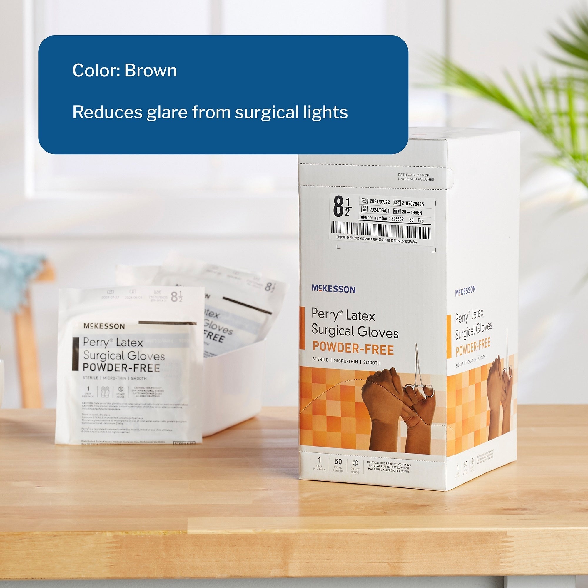 surgical glove mckesson perry size 8 5 sterile latex standard cuff length smooth brown not chemo approved packaging type box
