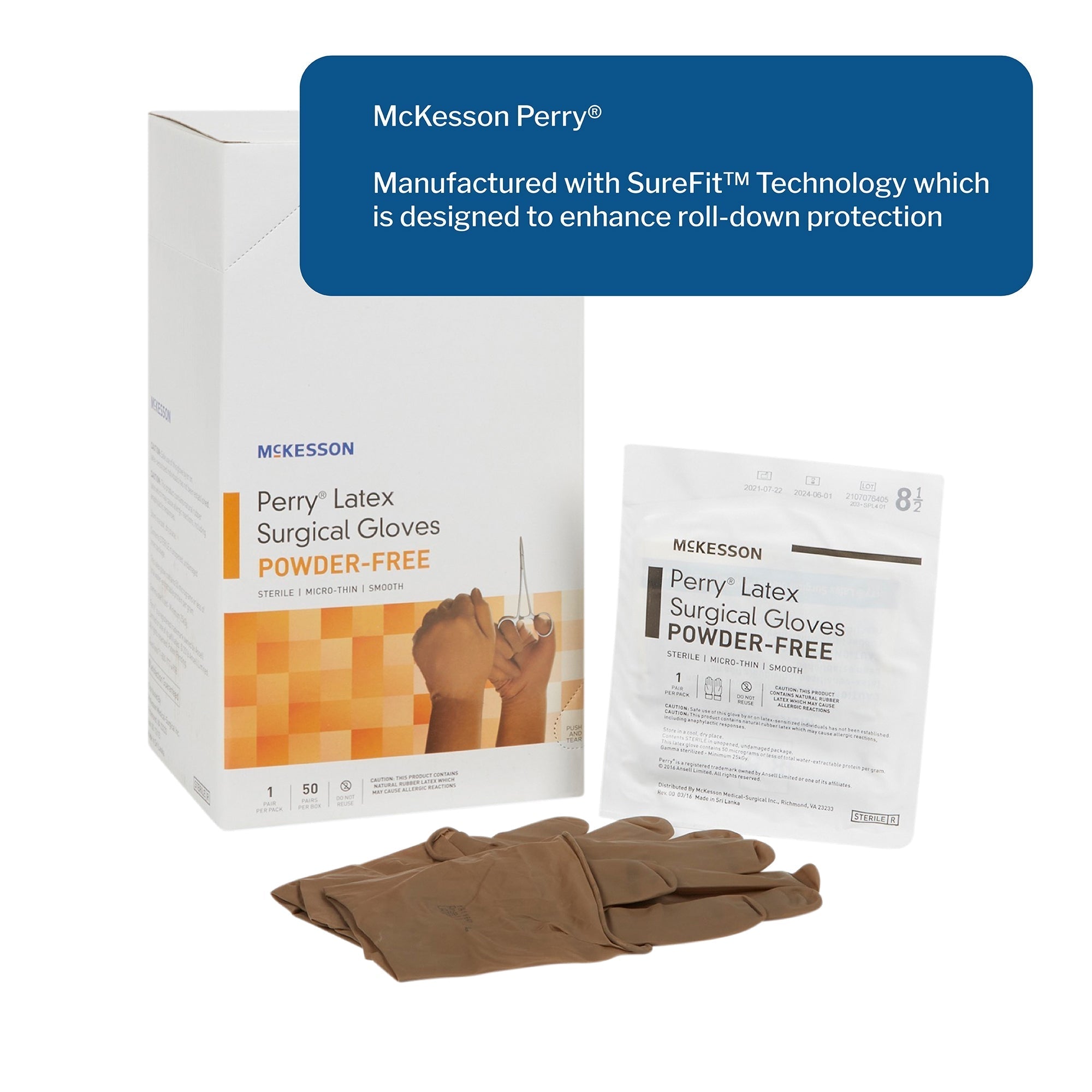 surgical glove mckesson perry size 8 5 sterile latex standard cuff length smooth brown not chemo approved packaging type box