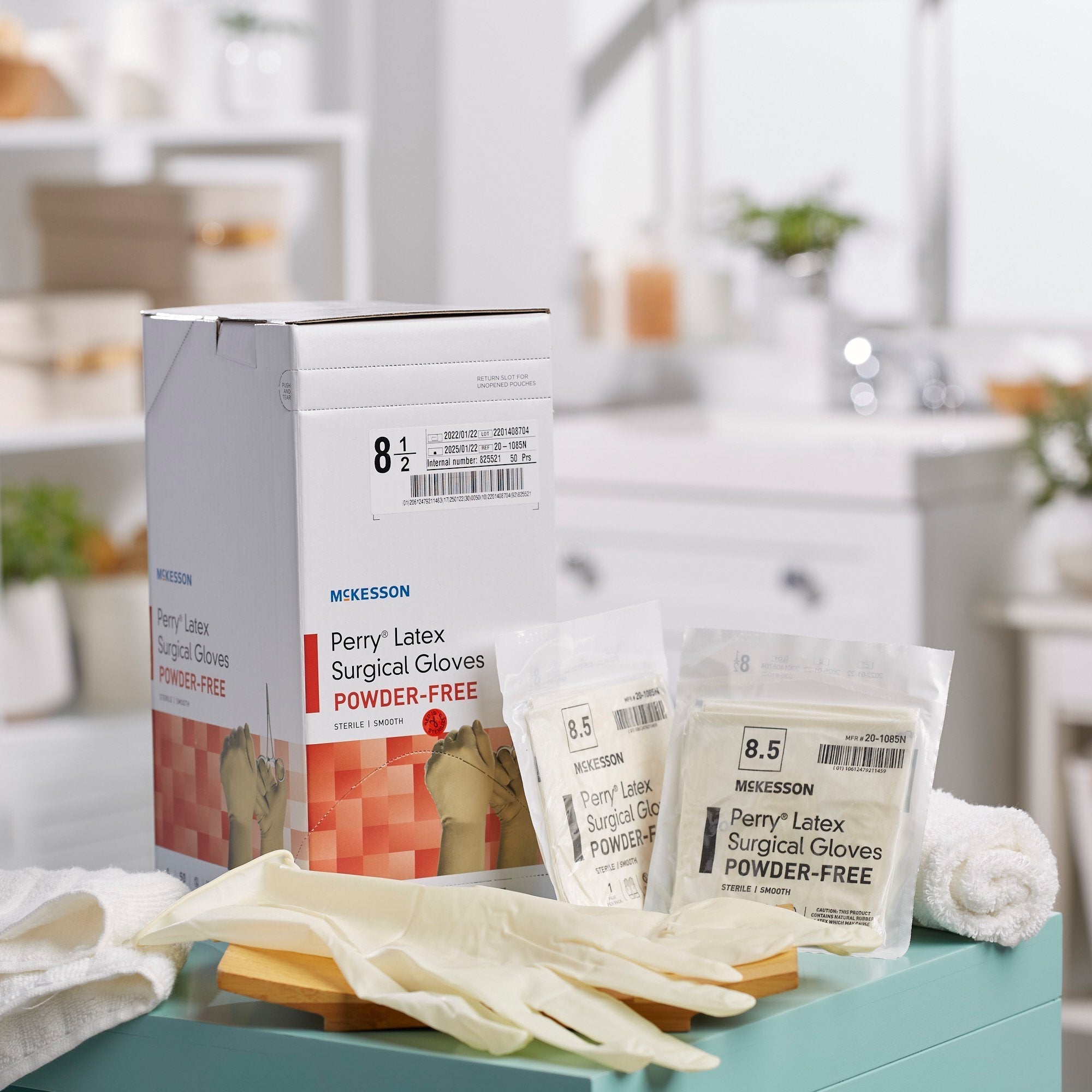 surgical glove mckesson perry size 8 5 sterile latex standard cuff length smooth cream not chemo approved packaging type box