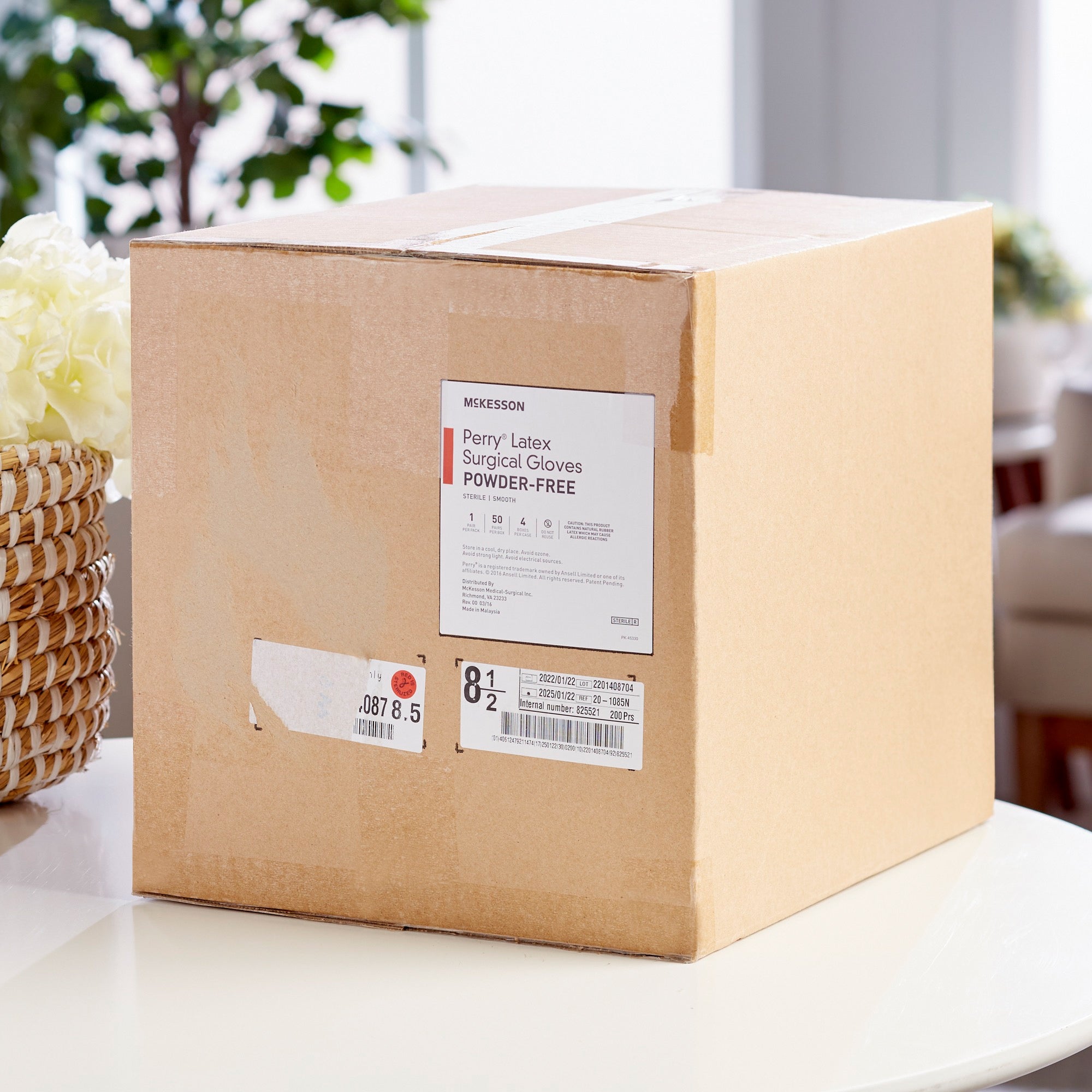 surgical glove mckesson perry size 8 5 sterile latex standard cuff length smooth cream not chemo approved packaging type pair