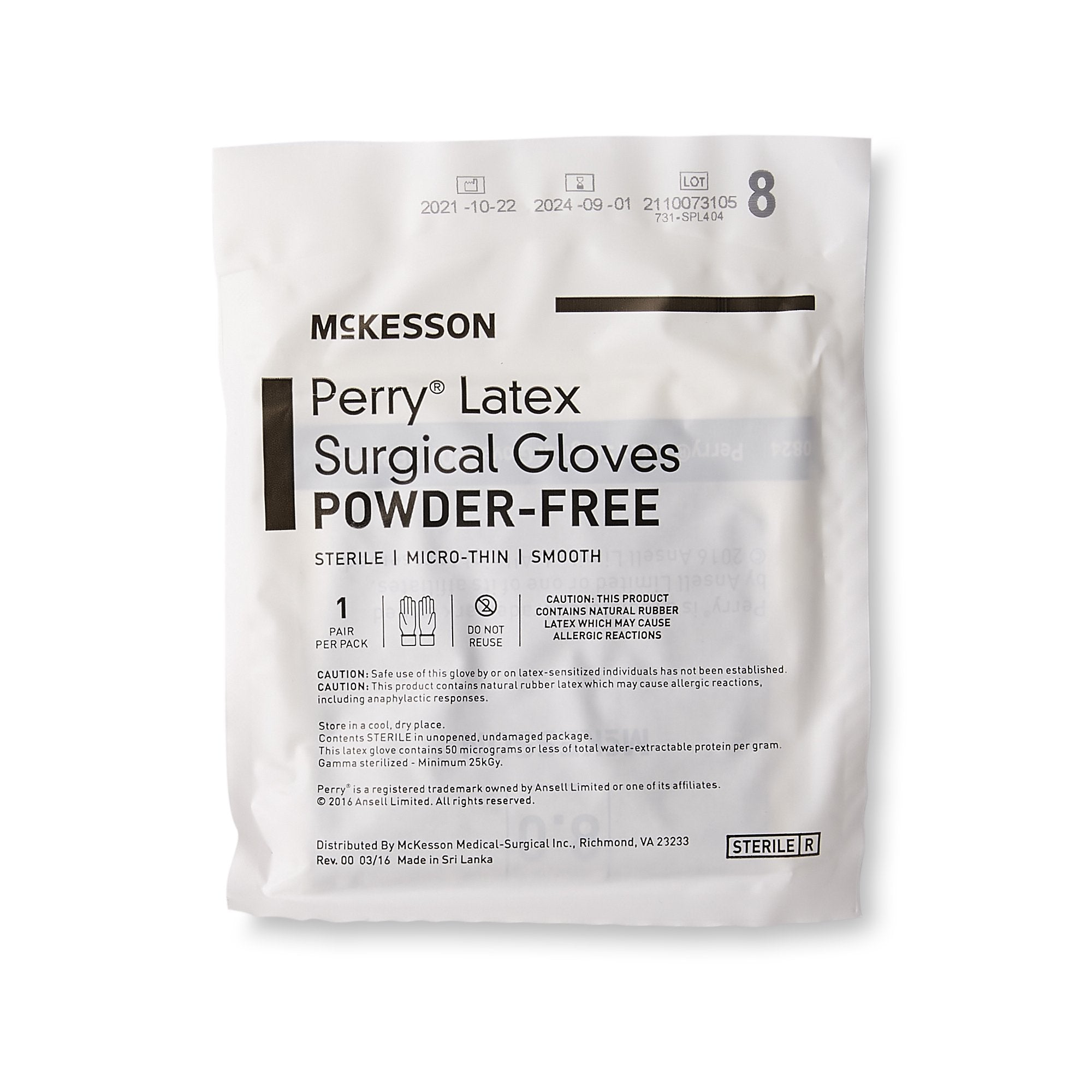 surgical glove mckesson perry size 8 sterile latex standard cuff length smooth brown not chemo approved packaging type box