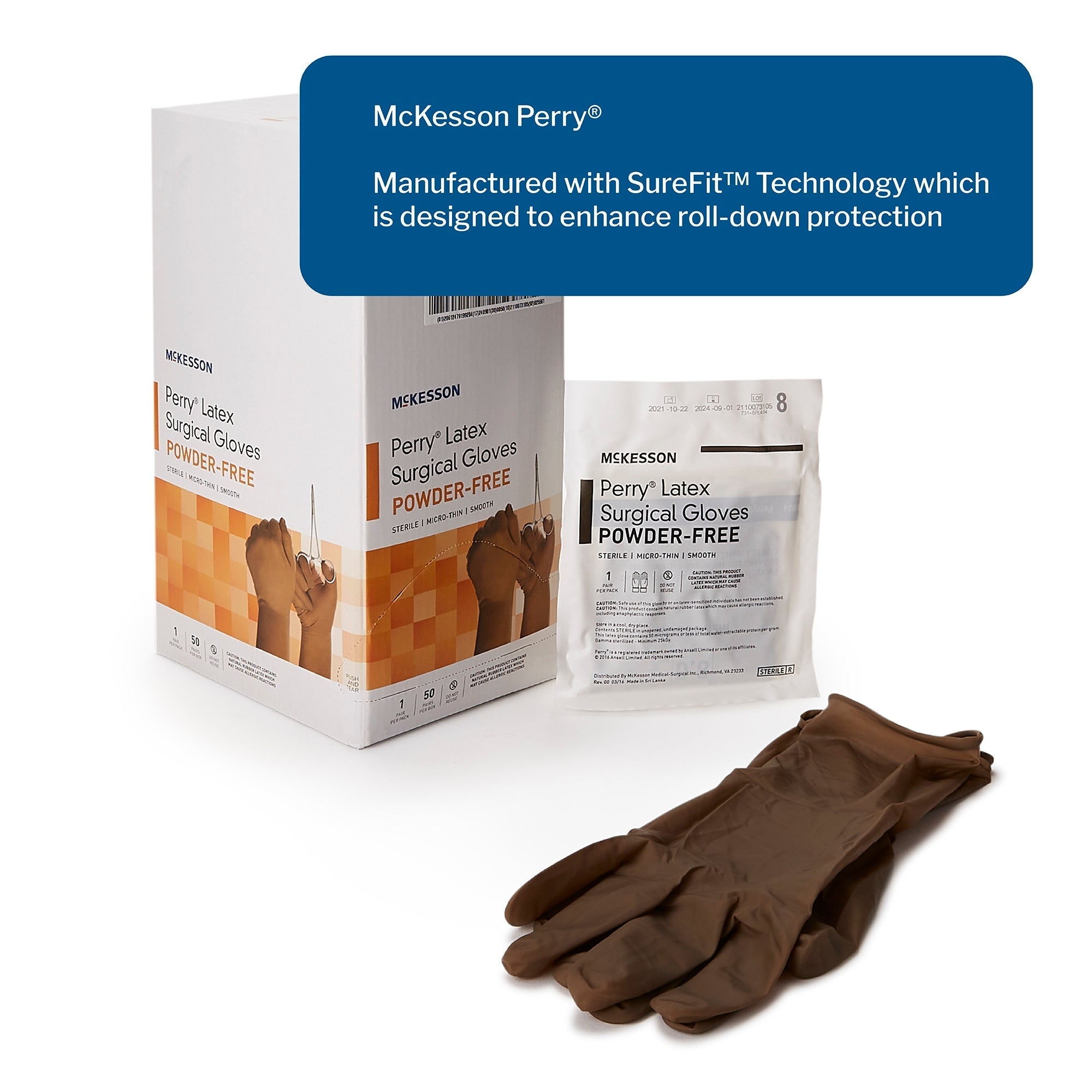 surgical glove mckesson perry size 8 sterile latex standard cuff length smooth brown not chemo approved packaging type box