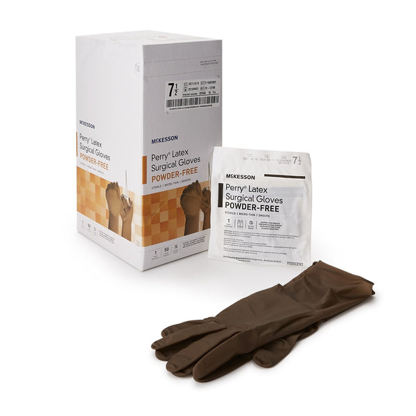 Surgical Glove McKesson Perry Size 7.5 Sterile Latex Standard Cuff Length Smooth Brown Not Chemo Approved