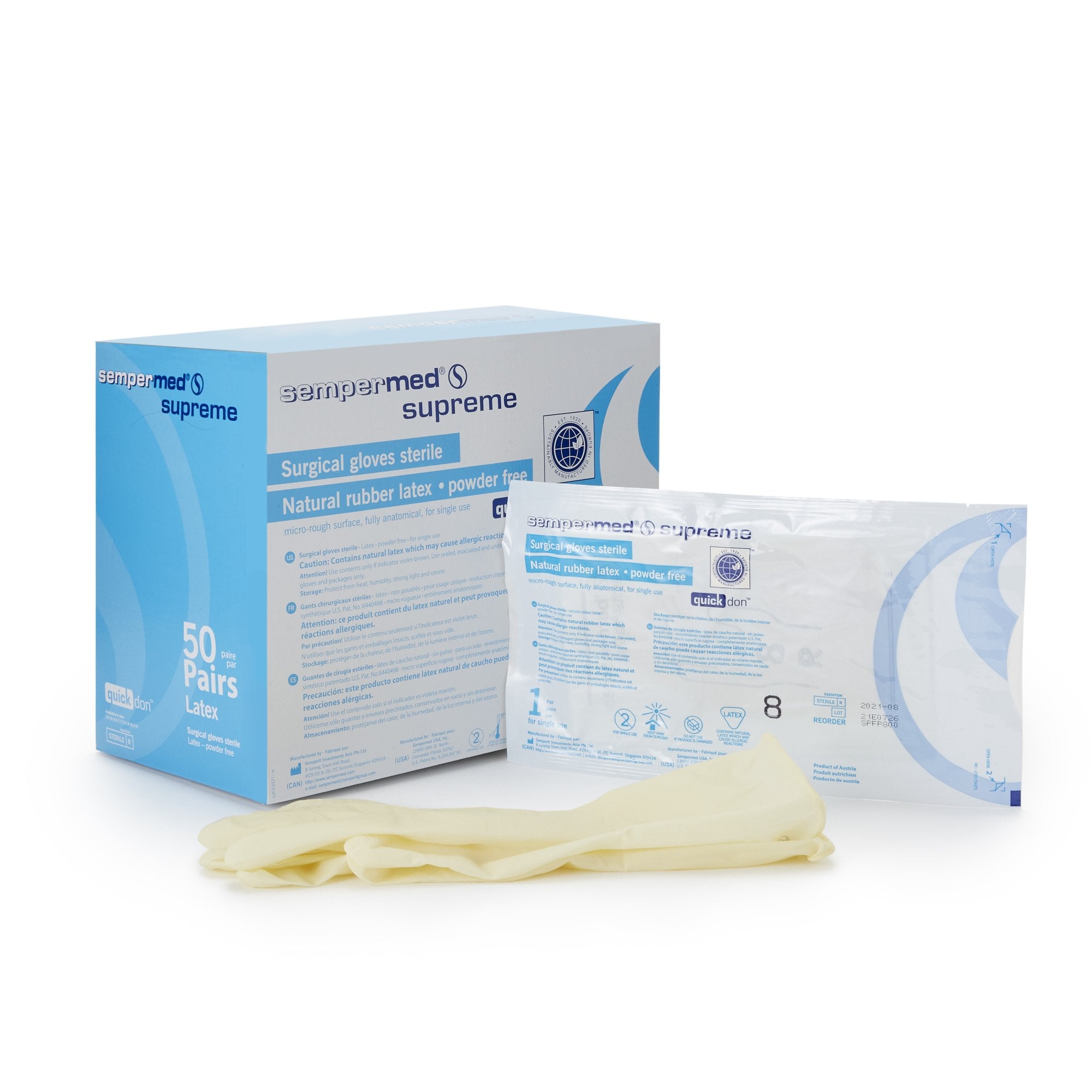 Surgical Glove Sempermed Supreme Size 8 Sterile Latex Standard Cuff Length Fully Textured Ivory Not Chemo Approved