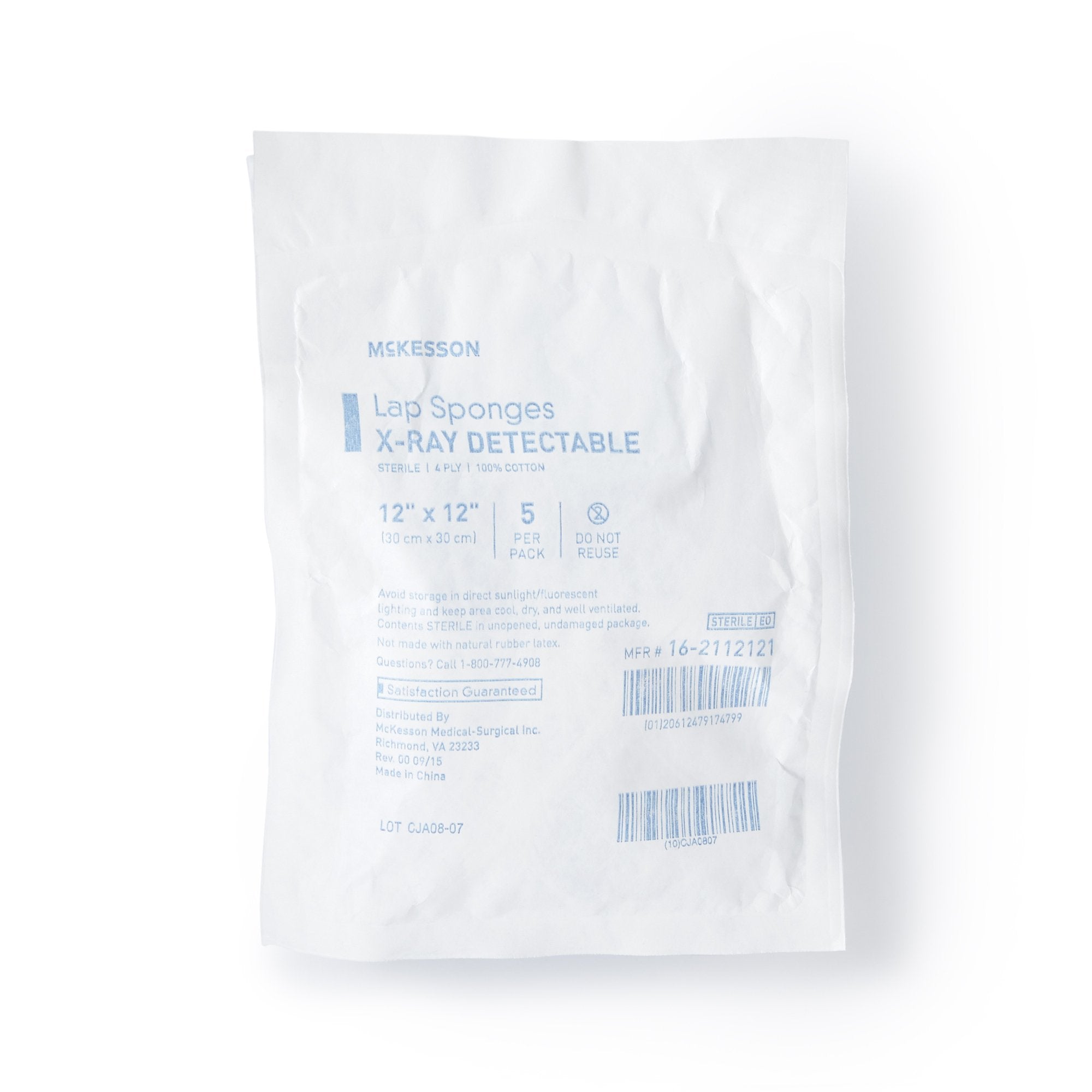 Surgical Laparotomy Sponge McKesson X Ray Detectable Cotton 12 X 12 Inch 5 Count Soft Pack Sterile