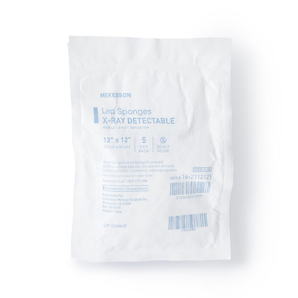 Surgical Laparotomy Sponge McKesson X Ray Detectable Cotton 12 X 12 Inch 5 Count Soft Pack Sterile