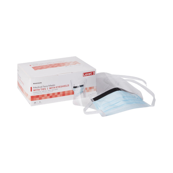 Surgical Mask with Eye Shield McKesson Anti fog ASTM Level 3 Tie Closure One Size Fits Most