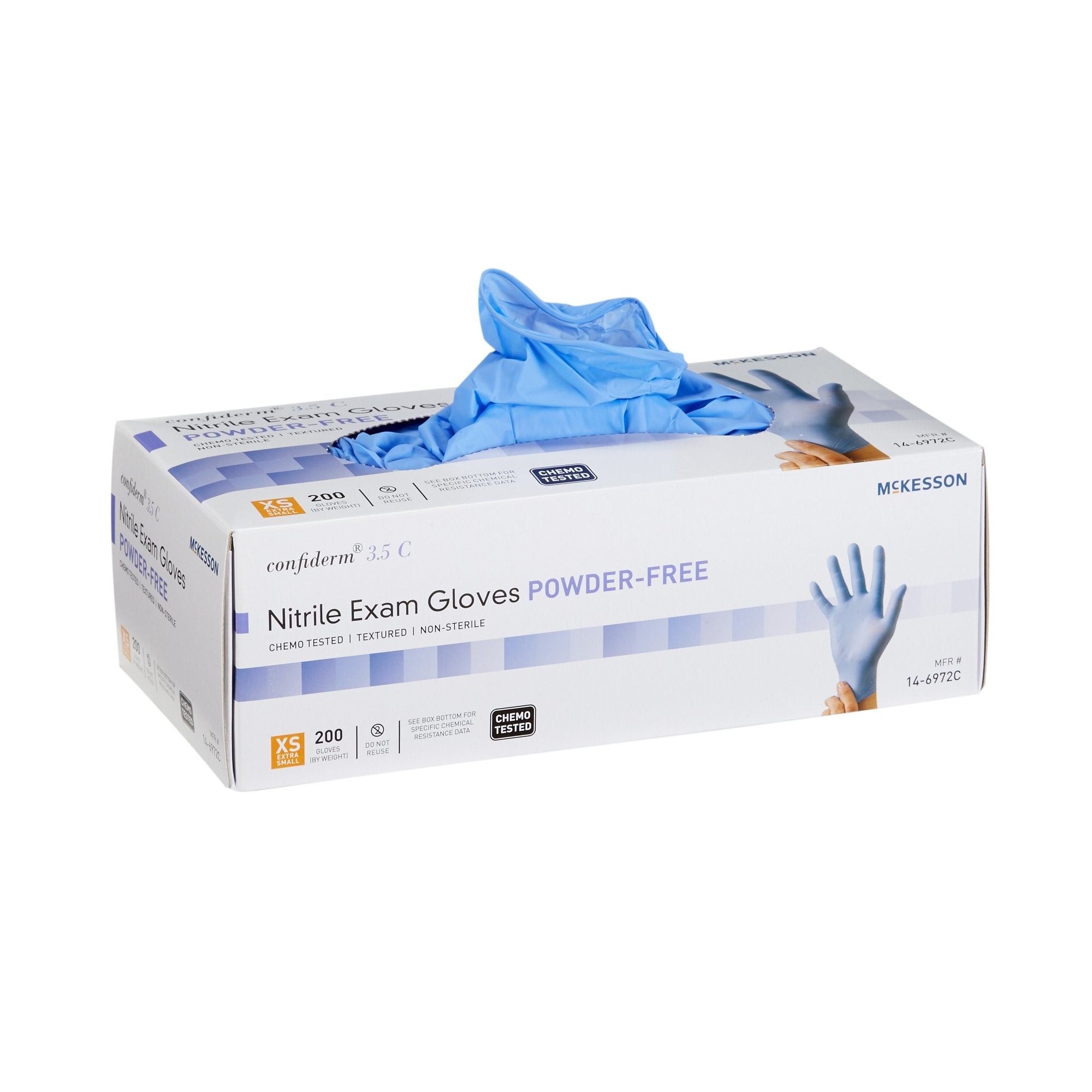 Exam Glove McKesson Confiderm 3.5C X-Small NonSterile Nitrile Standard Cuff Length Textured Fingertips Blue Chemo Tested