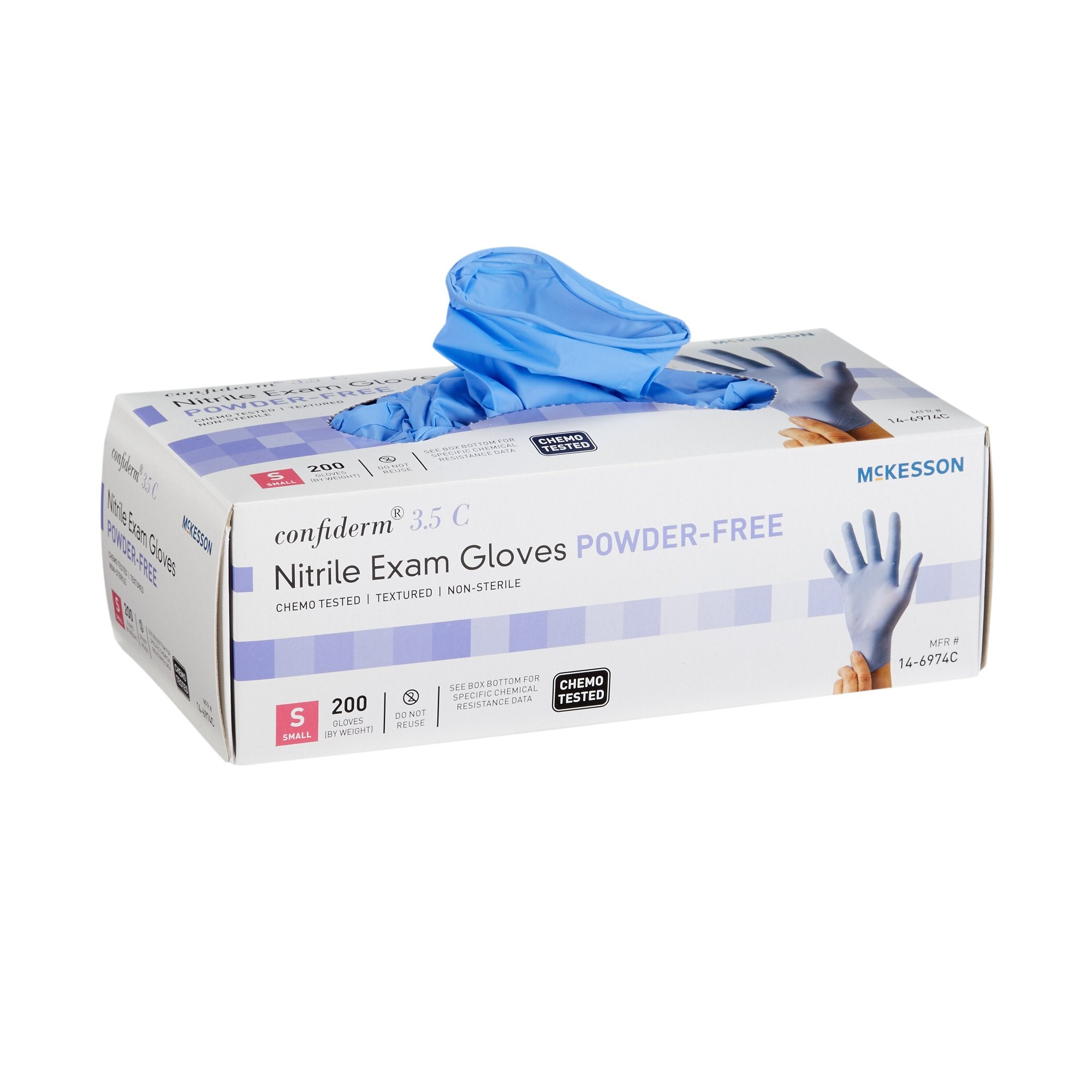 Exam Glove McKesson Confiderm 3.5C Small NonSterile Nitrile Standard Cuff Length Textured Fingertips Blue Chemo Tested, Packaging Type- Box