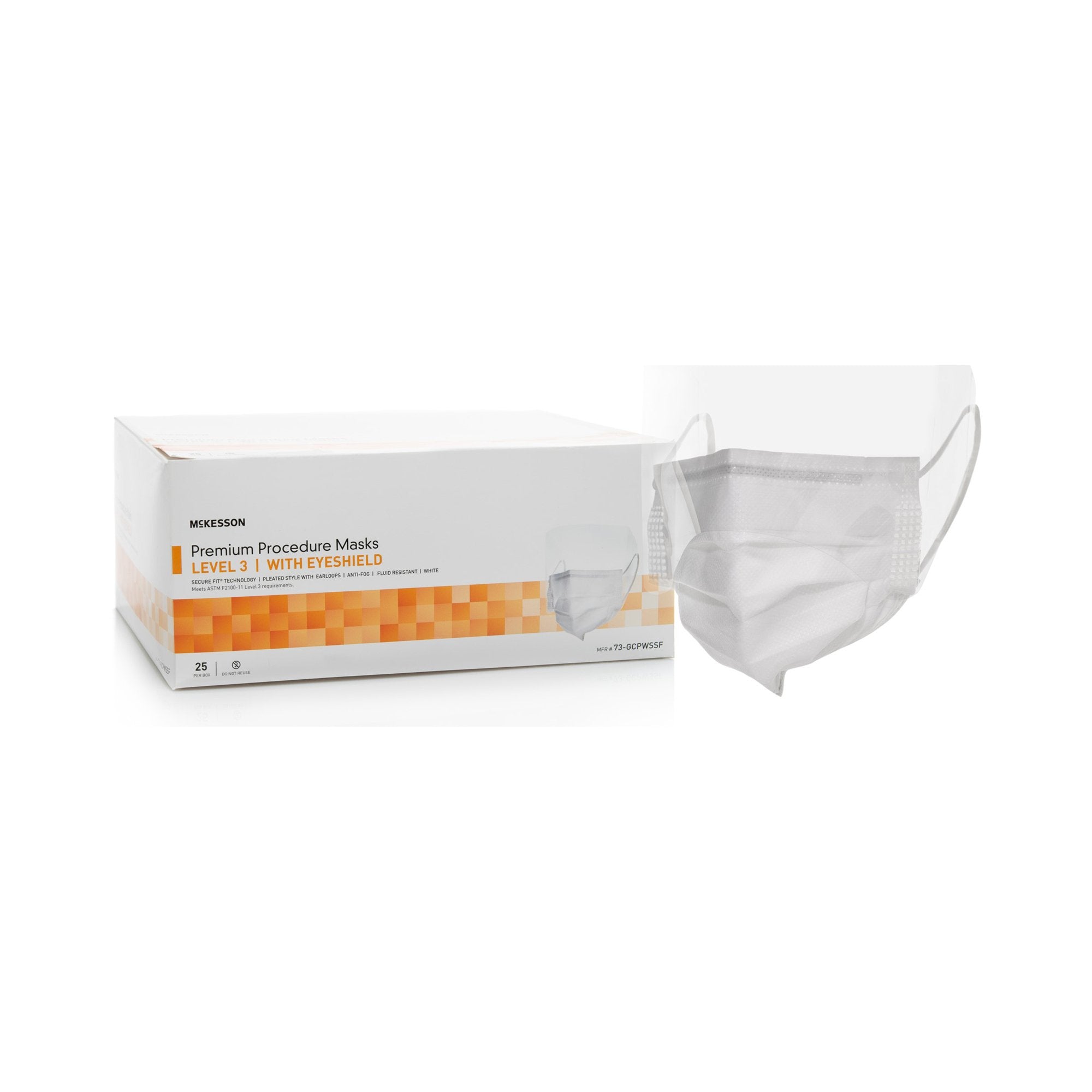 Procedure Mask with Eye Shield McKesson Anti-fog Strip ASTM Level 3 Earloops One Size Fits Most, Packaging Type- Case