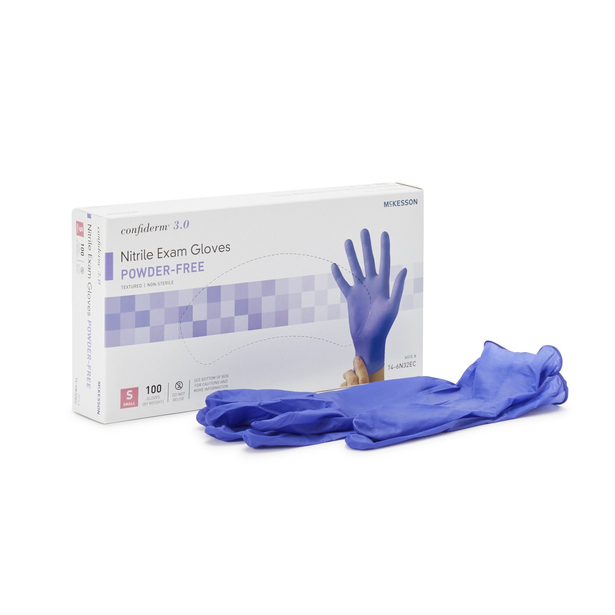 Exam Glove McKesson Confiderm 3.0 Small NonSterile Nitrile Standard Cuff Length Textured Fingertips Blue Not Rated, Packaging Type- Case