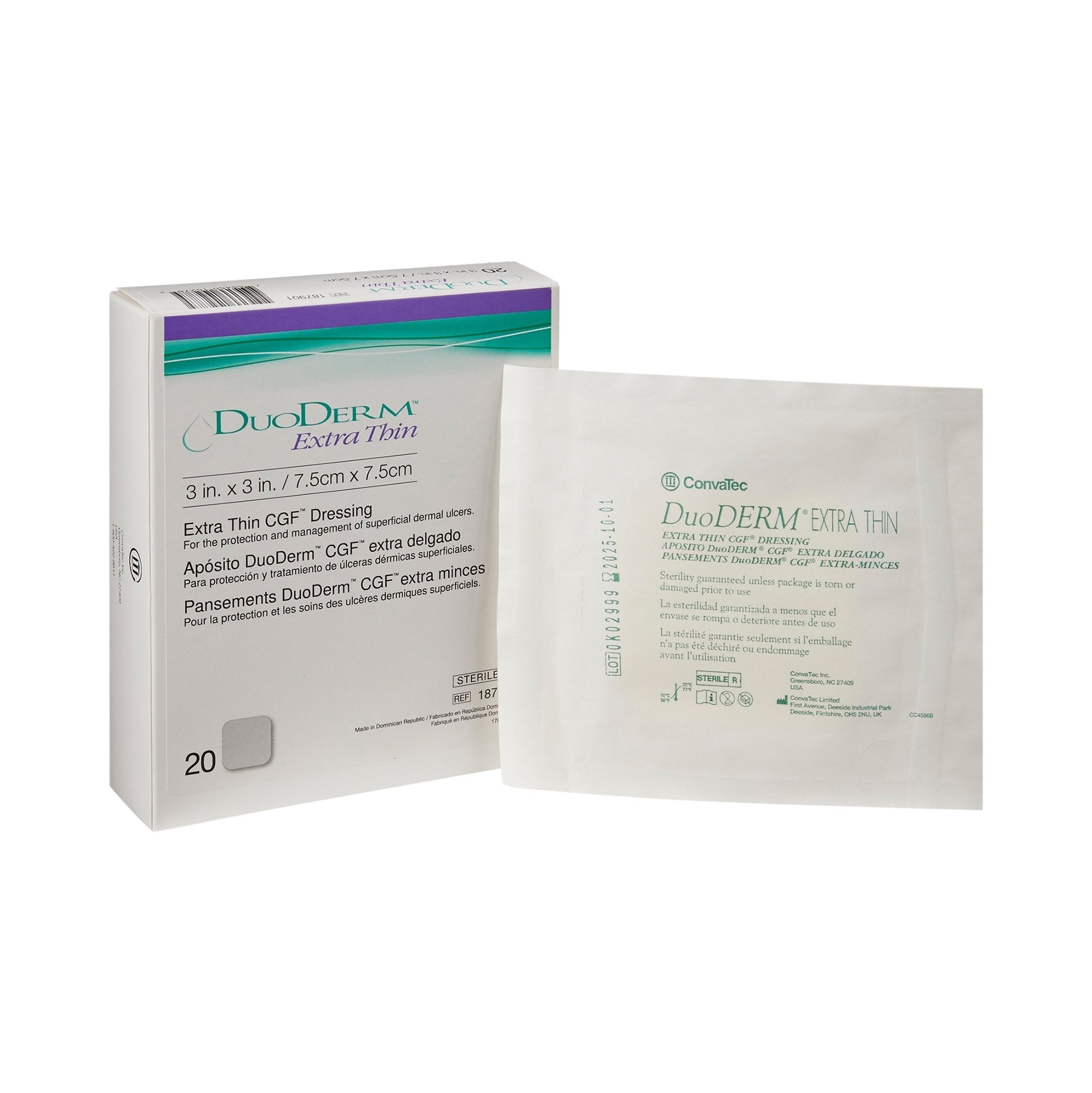 Thin Hydrocolloid Dressing DuoDERM Extra Thin CGF Film Backing 3 X 3 Inch Square Hydrocolloid / Film