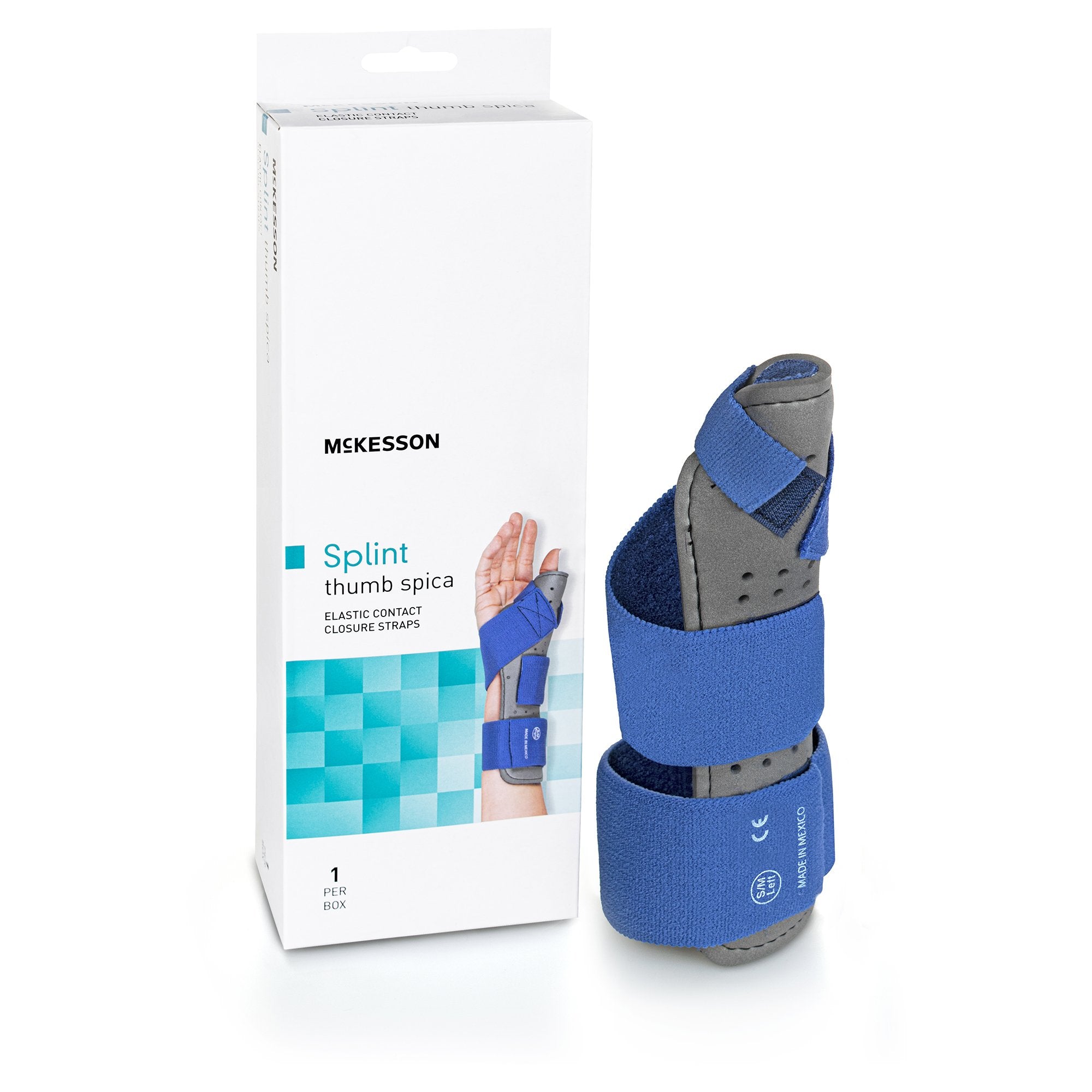 Wrist Brace with Thumb Spica McKesson Palmar Pad Aluminium / Foam / Nylon / Plastic / Polyester Left Hand Blue / Gray Large / X Large