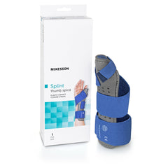 Wrist / Hand Brace with Thumb Spica McKesson Thumb Spica Nylon / Cotton Terry / Foam / Elastic / Spandex Right Hand Blue / Gray Small / Medium