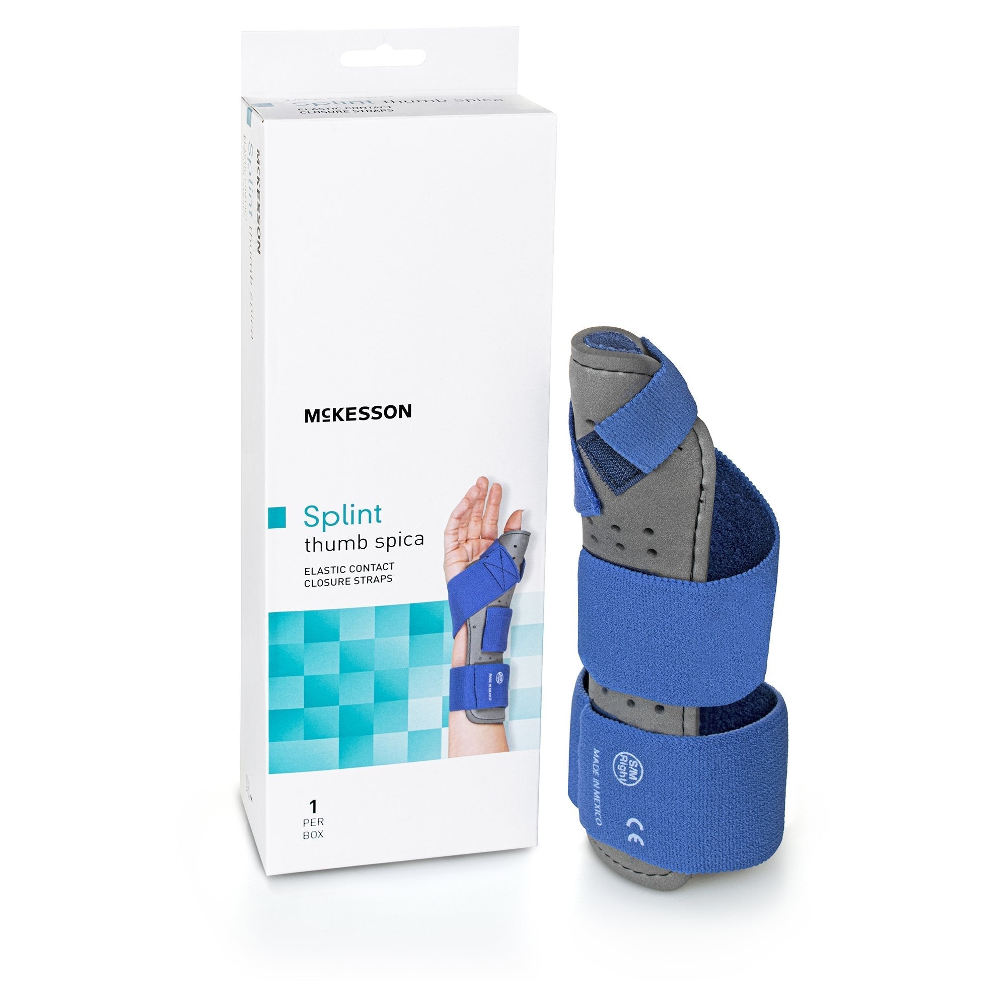 Wrist / Hand Brace with Thumb Spica McKesson Thumb Spica Nylon / Cotton Terry / Foam / Elastic / Spandex Right Hand Blue / Gray Small / Medium