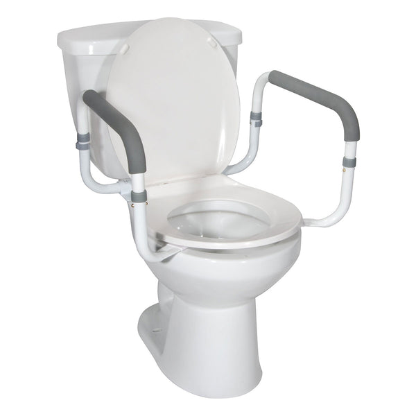 Toilet safety rail with ergonomic arms