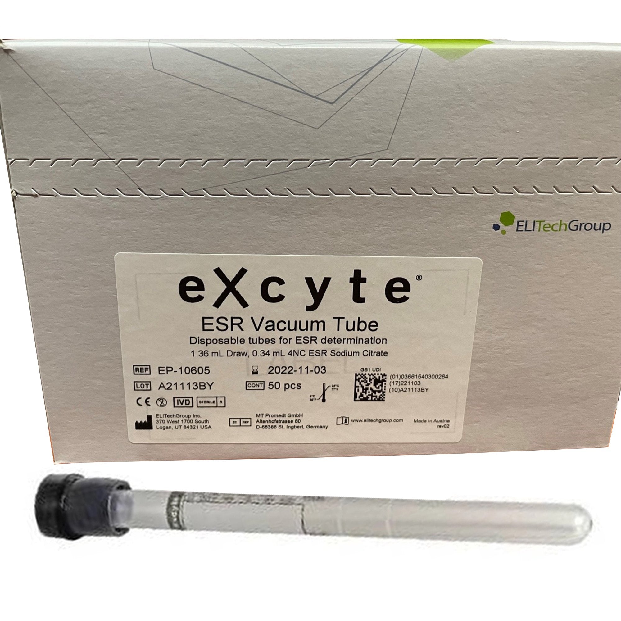 Excyte Vacuum Tube Venous Blood Collection Tube Sodium Citrate Additive 1.36 mL Conventional Closure Plastic Tube, Packaging Type- Box