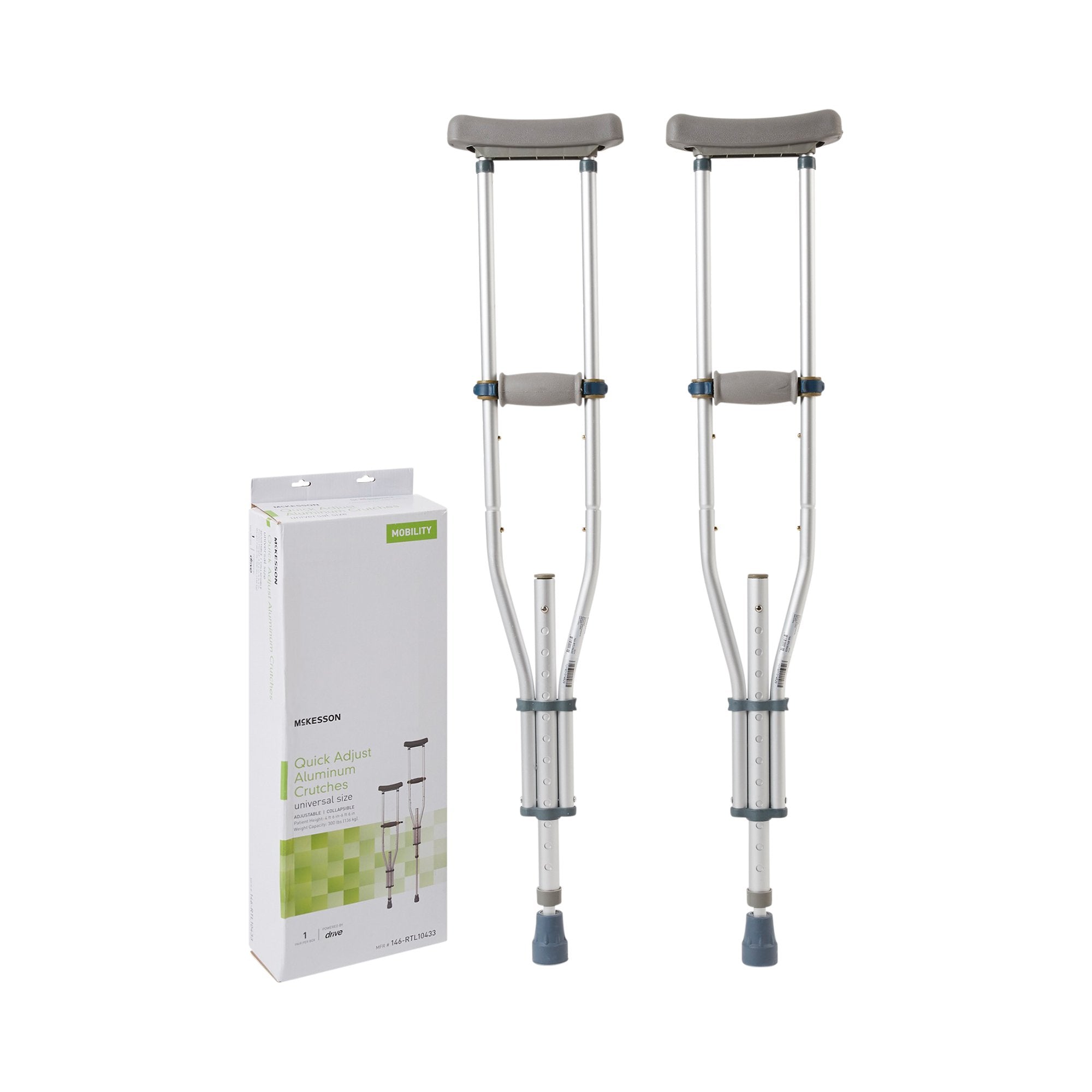 Underarm Crutches McKesson Youth / Adult / Tall Adult 4 Foot 6 Inch to 6 Foot 6 Inch User Height Aluminum Frame 300 lbs. Weight Capacity, Packaging Type- Box