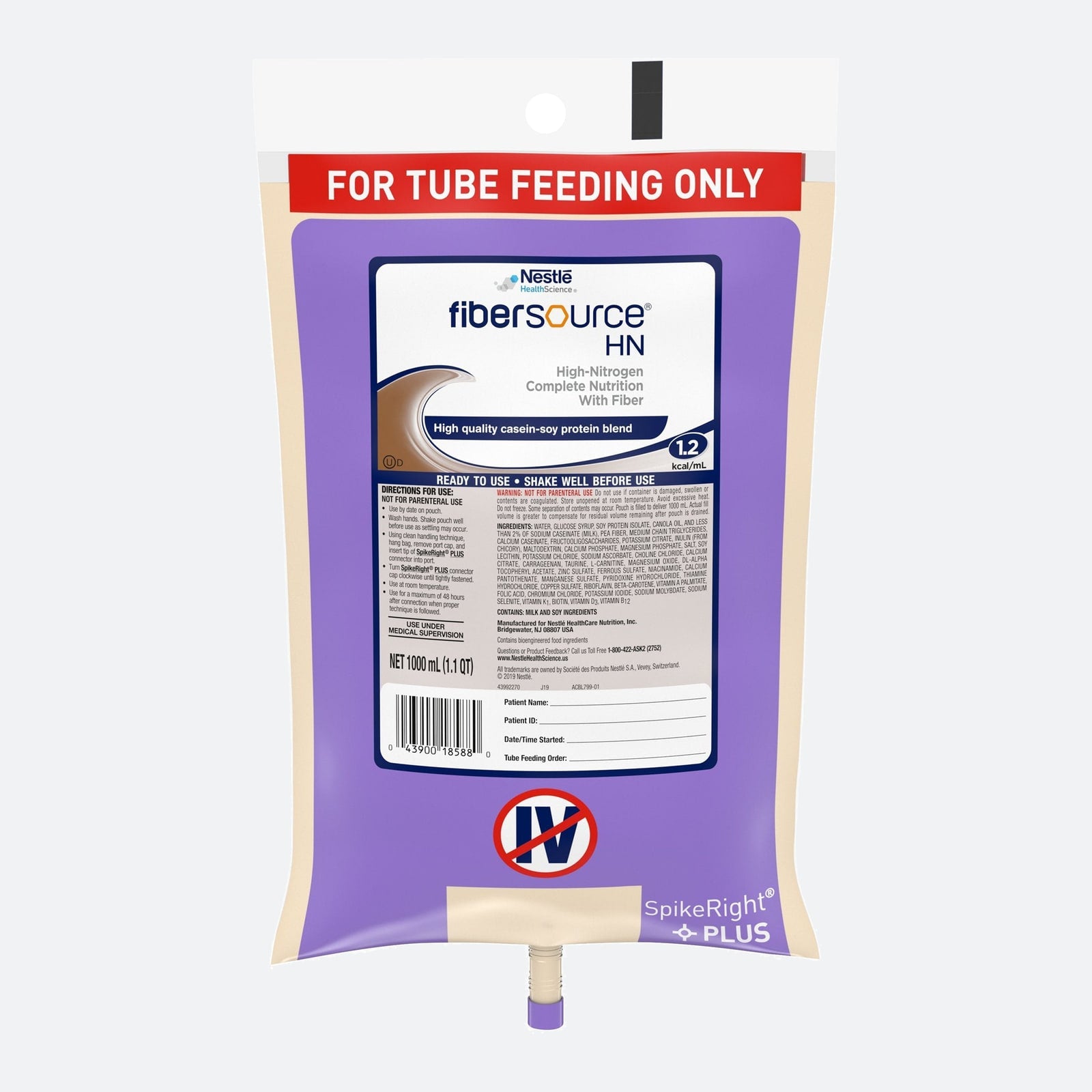 Tube Feeding Formula Fibersource HN Unflavored Liquid 1000 mL Ready to Hang Prefilled Container
