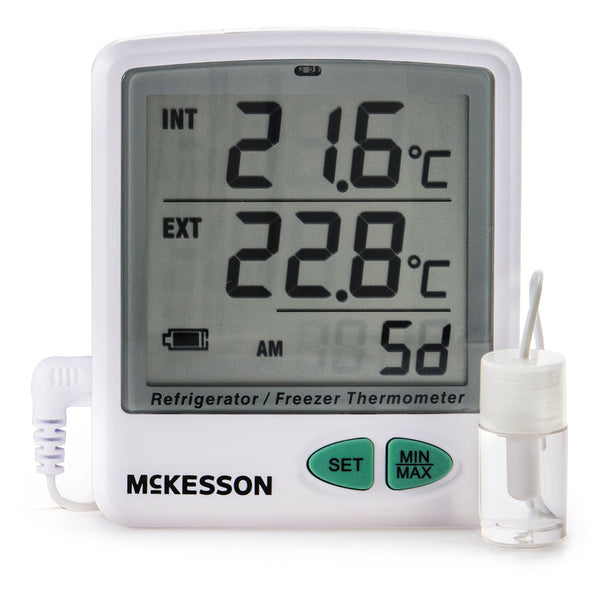 Datalogging Refrigerator / Freezer Thermometer with Alarm McKesson Fahrenheit / Celsius  50° to +158°F ( 50° to +70°C) Flip out Stand Battery Operated