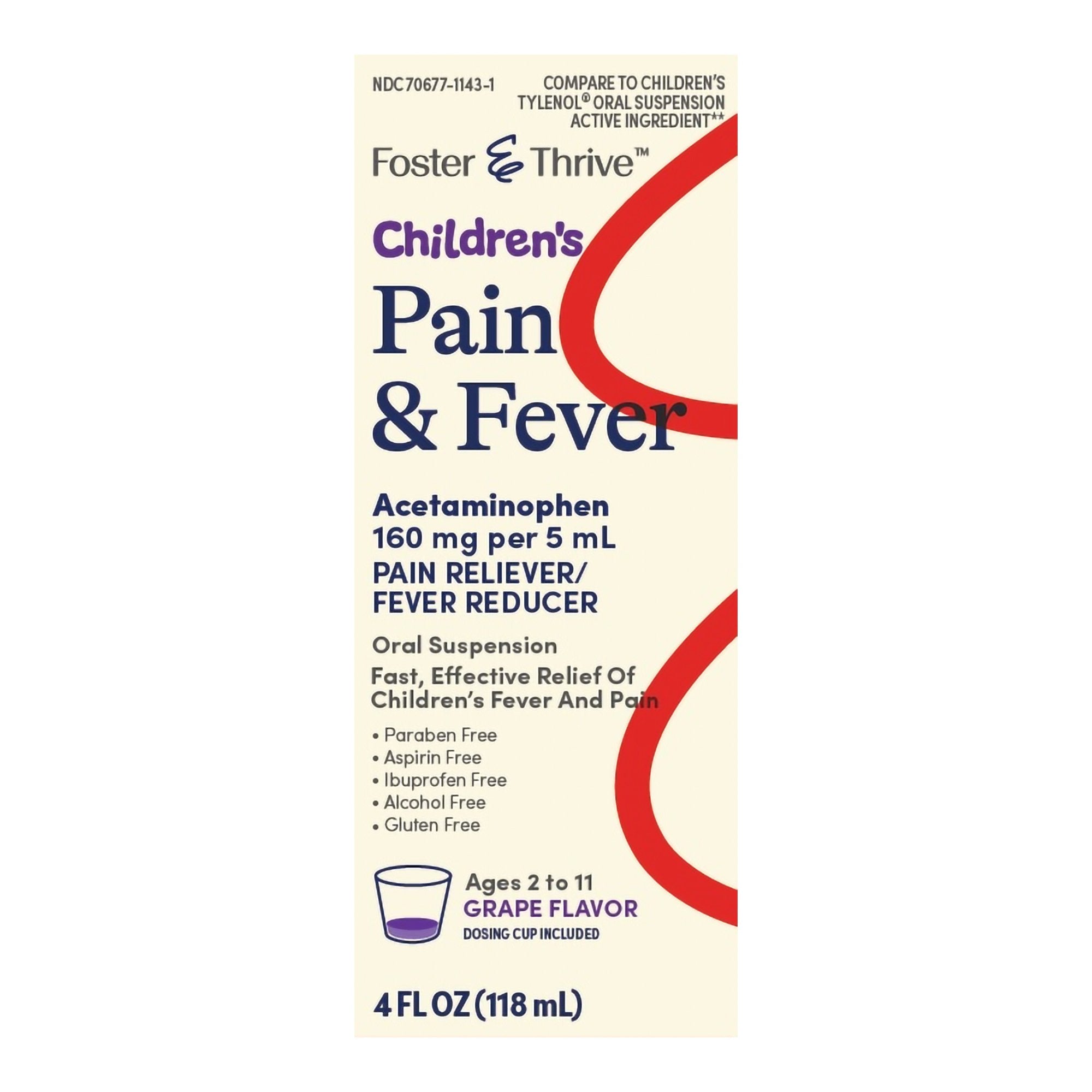 Children's Pain Relief Foster & Thrive 160 mg / 5 mL Strength Acetaminophen Oral Suspension 4 oz., Packaging Type- Each