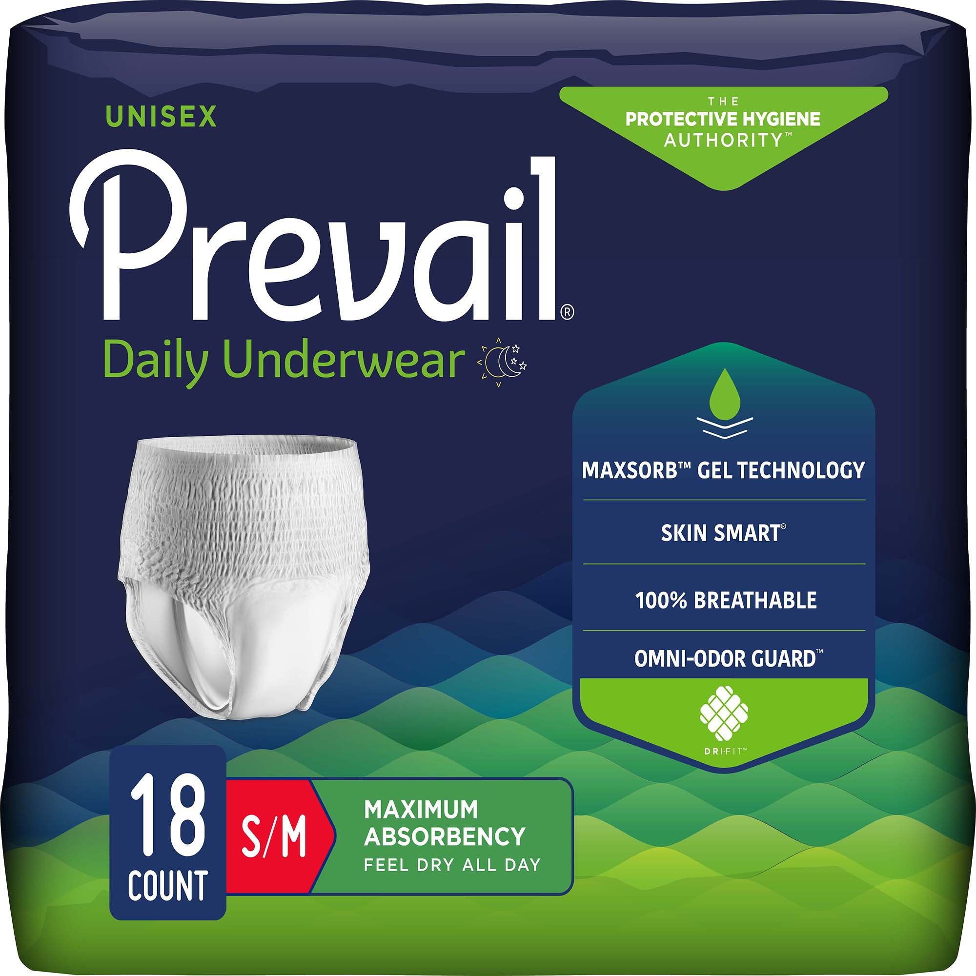 Unisex Adult Absorbent Underwear Prevail Daily Underwear Maximum Pull On with Tear Away Seams Small / Medium Disposable Heavy Absorbency, Packaging Type- Case