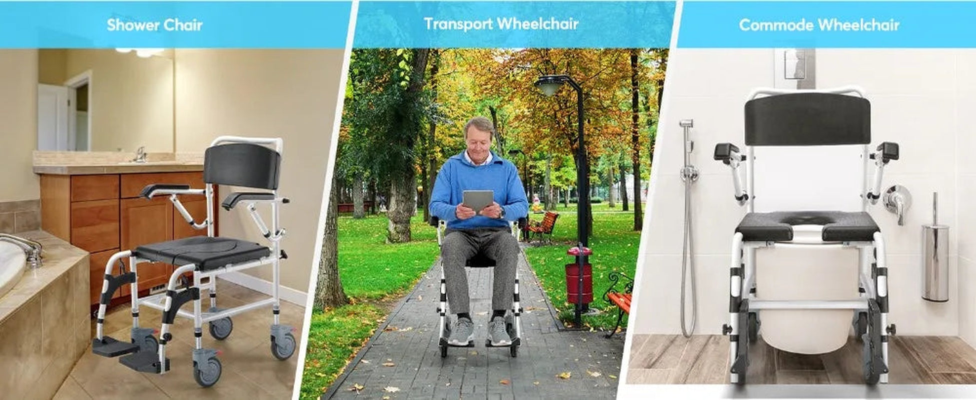 OasisSpace Shower Commode Wheelchair   300LB Waterproof Shower Chair with Wheels, Rolling Shower Chair with Swing Away Footrests   All Care Store