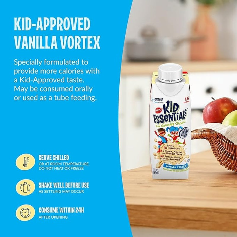 pediatric oral supplement boost kid essentials 1 5 vanilla vortex flavor 8 oz carton liquid vitamins minerals packaging type case