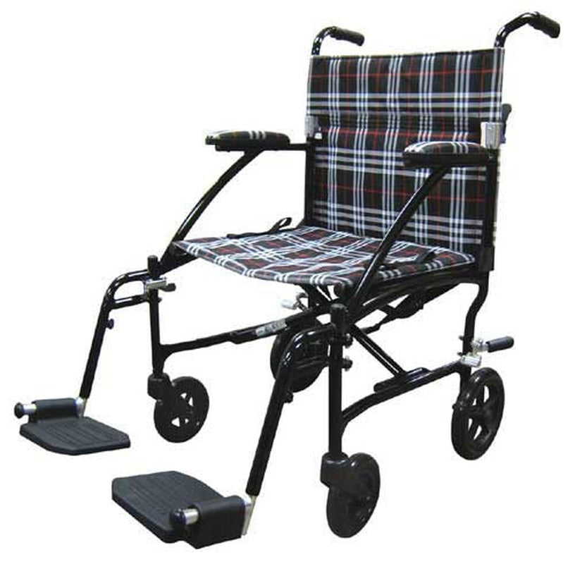 Drive Medical Fly-lite Transport chair Wheelchair with Swing Away Footrest ,8 Casters In Front And 6" Rear Wheels ,carry pocket on backrest 300 lbs Weight Capacity ,19" (W) x 15.5" (D) ,DFL19BLK