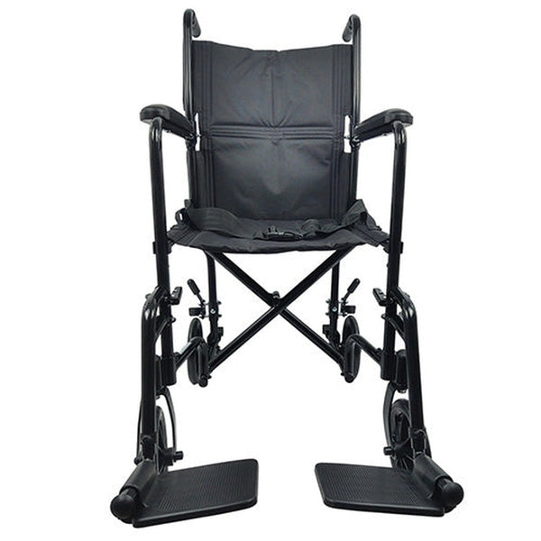 Lightweight folding electric wheelchair front angle view with padded seat