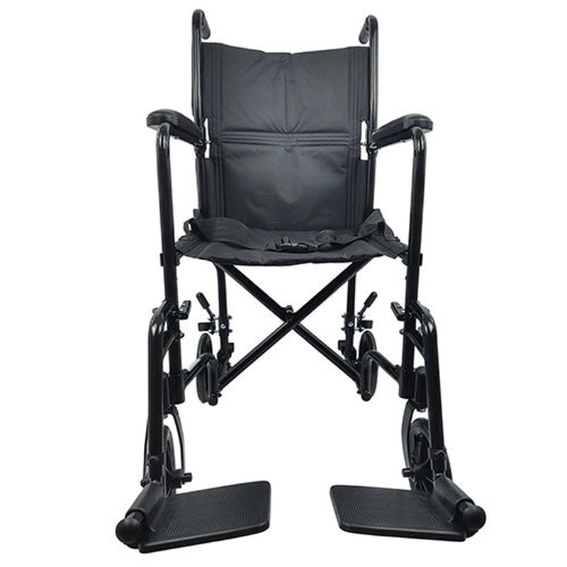 Lightweight folding electric wheelchair front angle view with padded seat