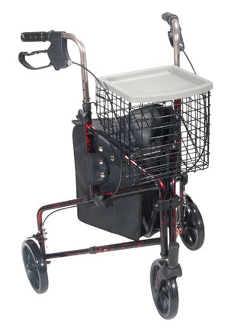 Drive Medical 3 wheeled aluminum rollator in flame red with basket tray pouch and loop brakes