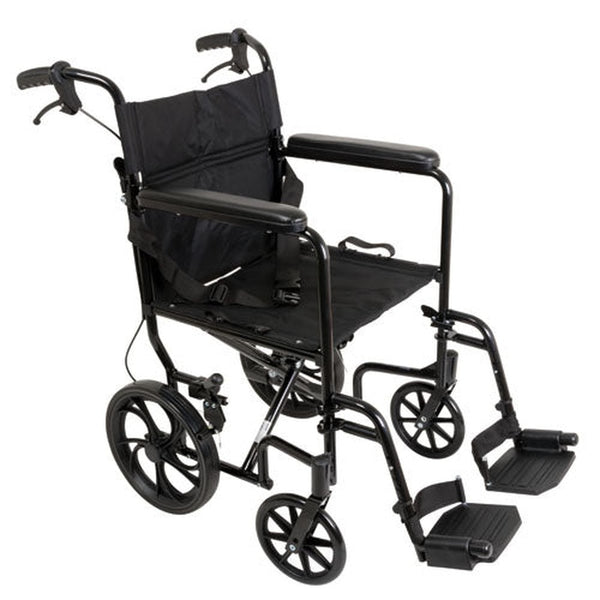 Probasics Expedition Aluminum Transport Wheelchair with Padded full-length permanent armrests and Swing-away Footrests ,12 inch Rear Wheels ,300 lbs Weight Capacity  ,TCA191612BK