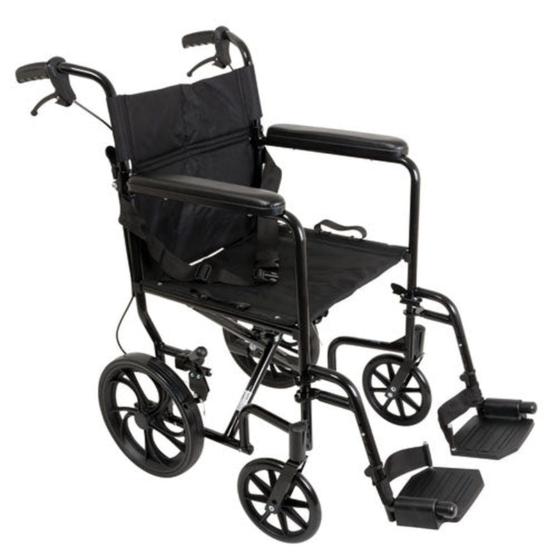 Probasics Expedition Aluminum Transport Wheelchair with Padded full-length permanent armrests and Swing-away Footrests ,12 inch Rear Wheels ,300 lbs Weight Capacity  ,TCA191612BK