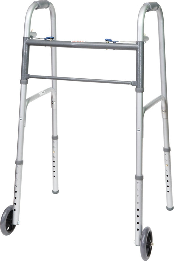 ProBasics Economy Two-Button Folding Steel Walker Lightweight, Weight Support-350lbs, Wheel Size-5inch, WKSAW2B