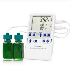 Datalogging Refrigerator / Freezer Thermometer with Alarm Traceable Excursion Trac Fahrenheit / Celsius  58° to +158°F ( 50° to +70°C) 2 Glycol Bottle Probes Multiple Mounting Options Battery Operated
