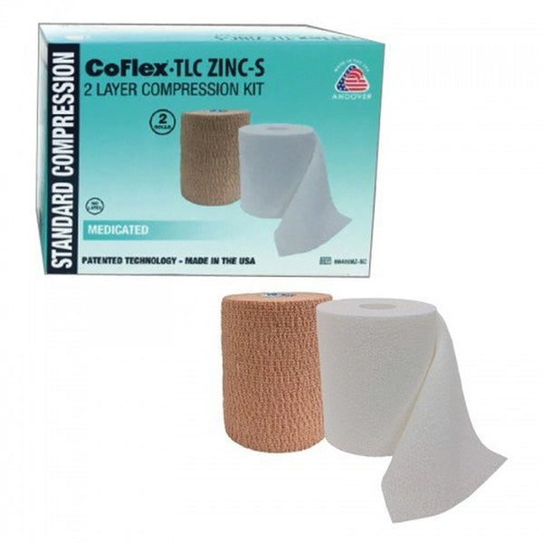 2 Layer Compression Bandage System CoFlex TLC Zinc with Indicators 4 Inch X 6 Yard / 4 Inch X 7 Yard Self Adherent / Pull On Closure Tan NonSterile 35 to 40 mmHg