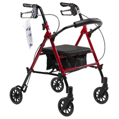 Dynarex DynaGo Flex - Adjustable Seat Height with Detachable 6inch Caster, Weight Capacity 300lbs Aluminium Frame Foldable Rollator, Red, 10204