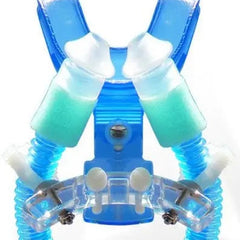 CPAP Pro Complete system featuring blue corrugated tubes, nasal puffs, and a white mouthpiece on a clear background