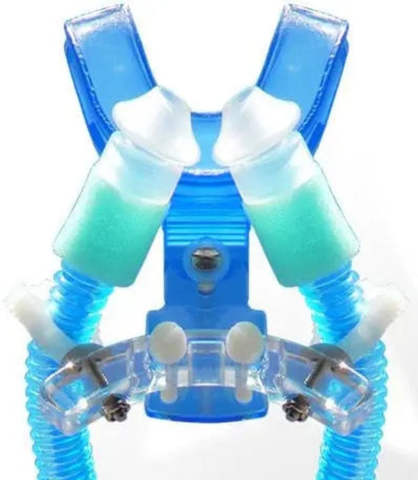 CPAP Pro Complete system featuring blue corrugated tubes, nasal puffs, and a white mouthpiece on a clear background