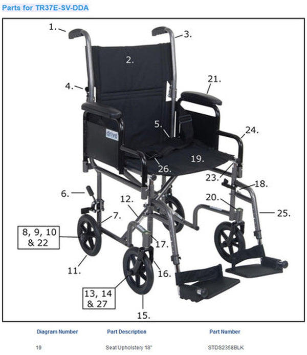 Drive Medical Seat Upholstery Only For Drive Transport Chair 18 X16  Black ( only  seat / chair not included)