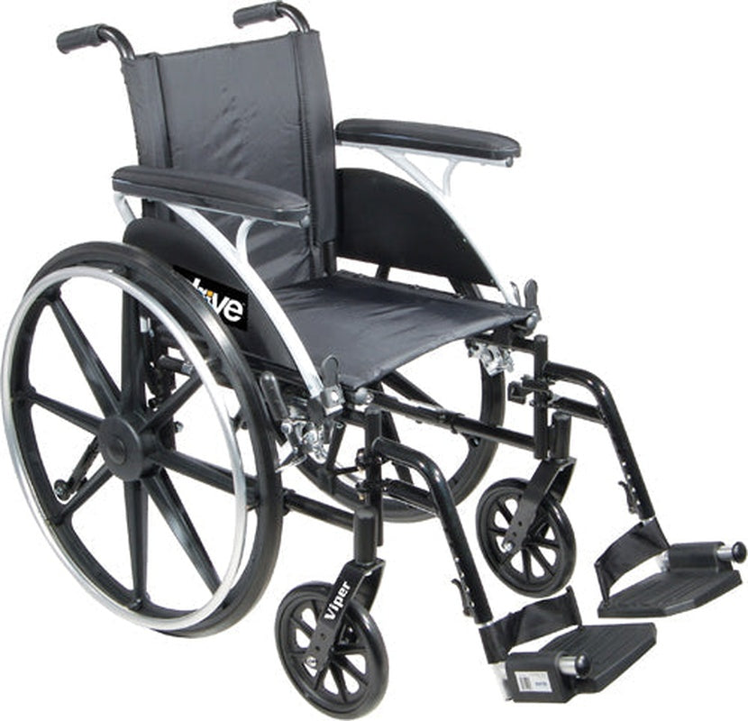 McKesson standard wheelchair with swing-away footrests and black upholstery front view
