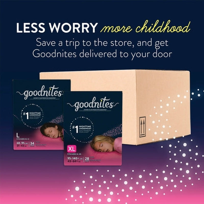 female youth absorbent underwear goodnites pull on with tear away seams large disposable heavy absorbency packaging type case