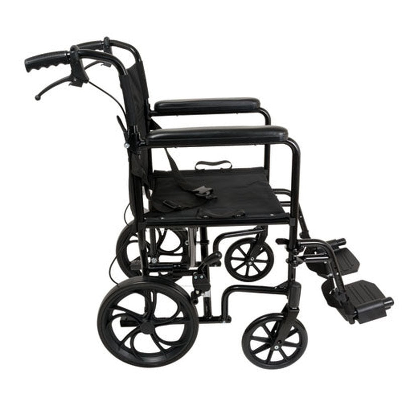 Probasics Expedition Aluminum Transport Wheelchair with Padded full-length permanent armrests and Swing-away Footrests ,12 inch Rear Wheels ,300 lbs Weight Capacity  ,TCA191612BK