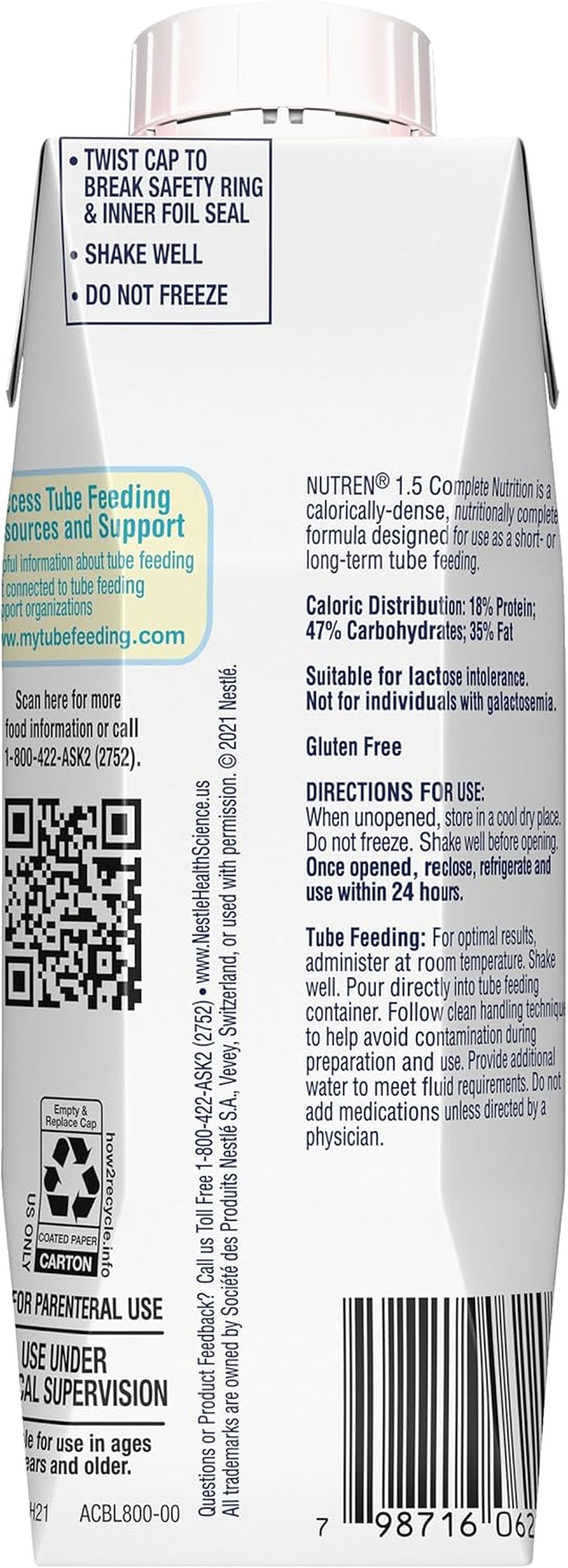 tube feeding formula nutren 1 5 unflavored liquid 250 ml carton packaging type case